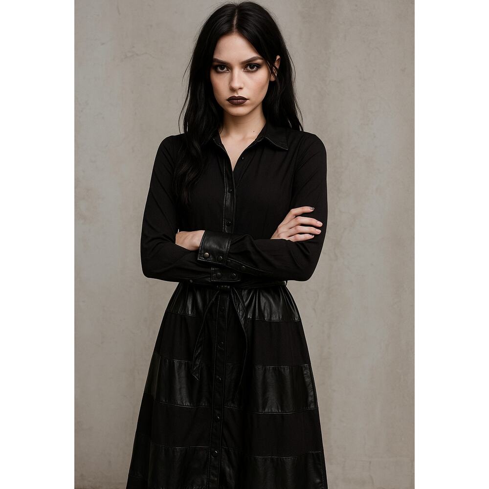 Vertigo Black Faux Leather Panel Shirt Dress Size Small Edgy Chic
